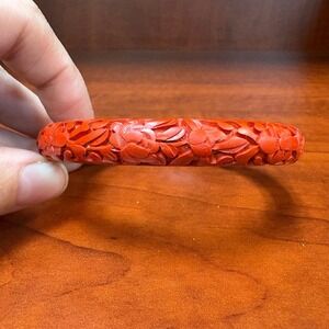 Vintage Red Carved Cinnabar Bangle Bracelet Floral Pattern Openwork